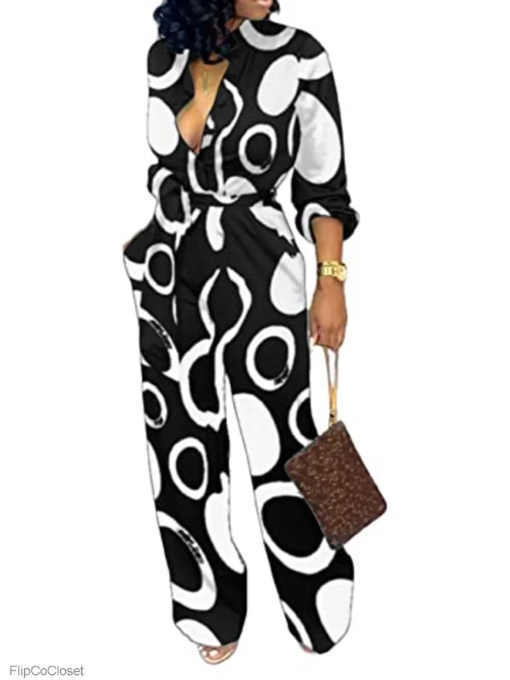 Women's Stretchable Wide Leg Jumpsuit with Belt & Pockets